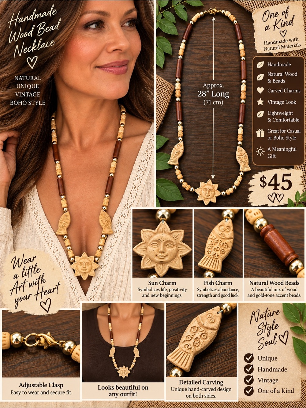 Vintage Handmade Wood Bead Necklace with Sun & Fish Charms - Natural Brown